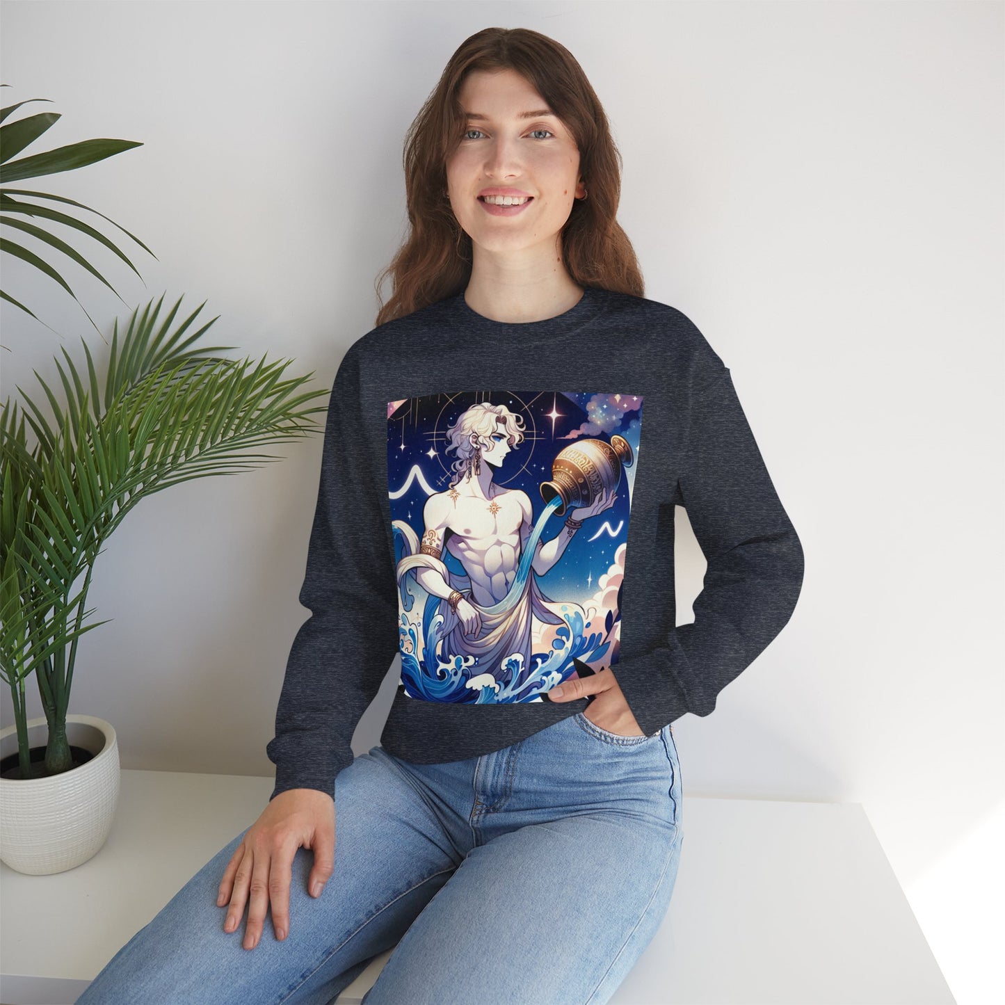 Unisex Heavy Blend™ Crewneck Sweatshirt, Anime Aqua God, Aquarius Zodiac Design
