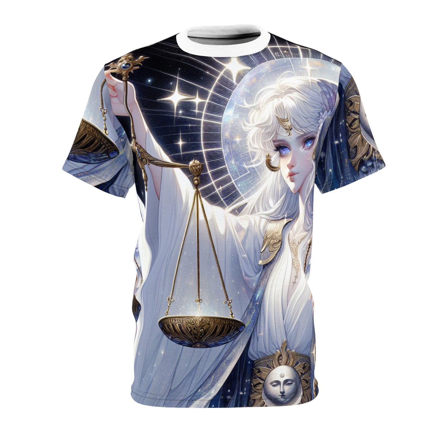 Unisex Cut & Sew T-Shirt (AOP), Angel with Scale, Libra Zodiac Design, Regular fit, 100% Polyester