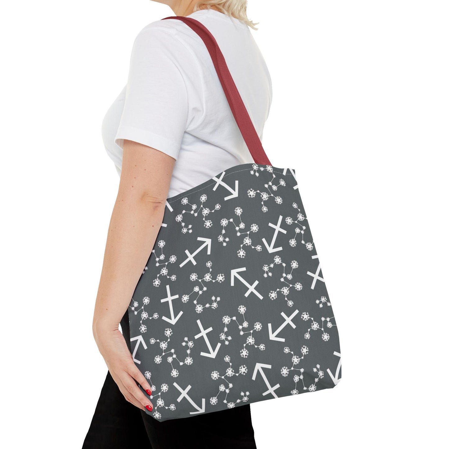 Tote Bag, Sagittarius Zodiac Sign, AOP, (Grey, White Print)