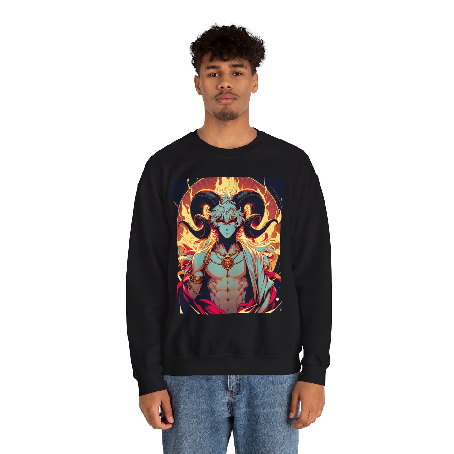 Unisex Heavy Blend™ Crewneck Sweatshirt, Anime Fire Aries, Zodiac Design