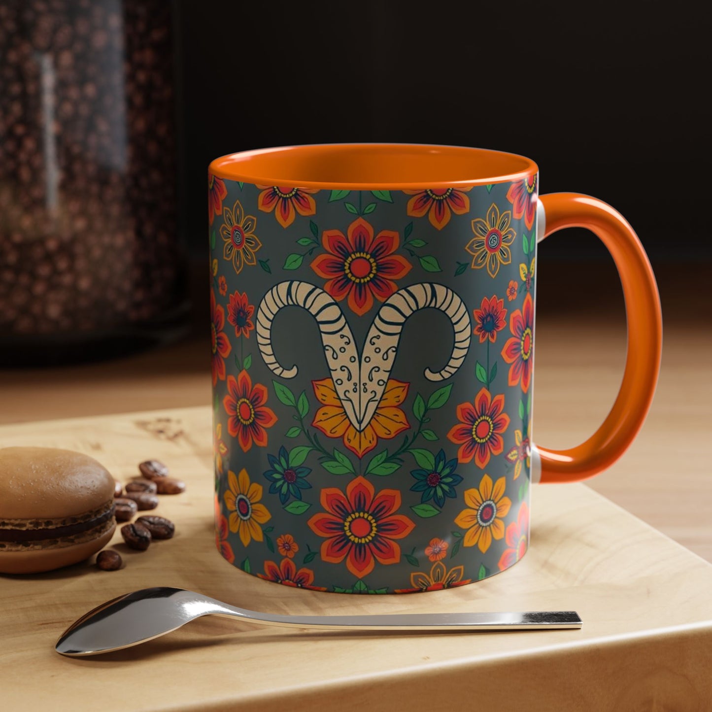 Accent Coffee Mug, Aries, Zodiac v4, Flower Pattern, (11, 15oz)