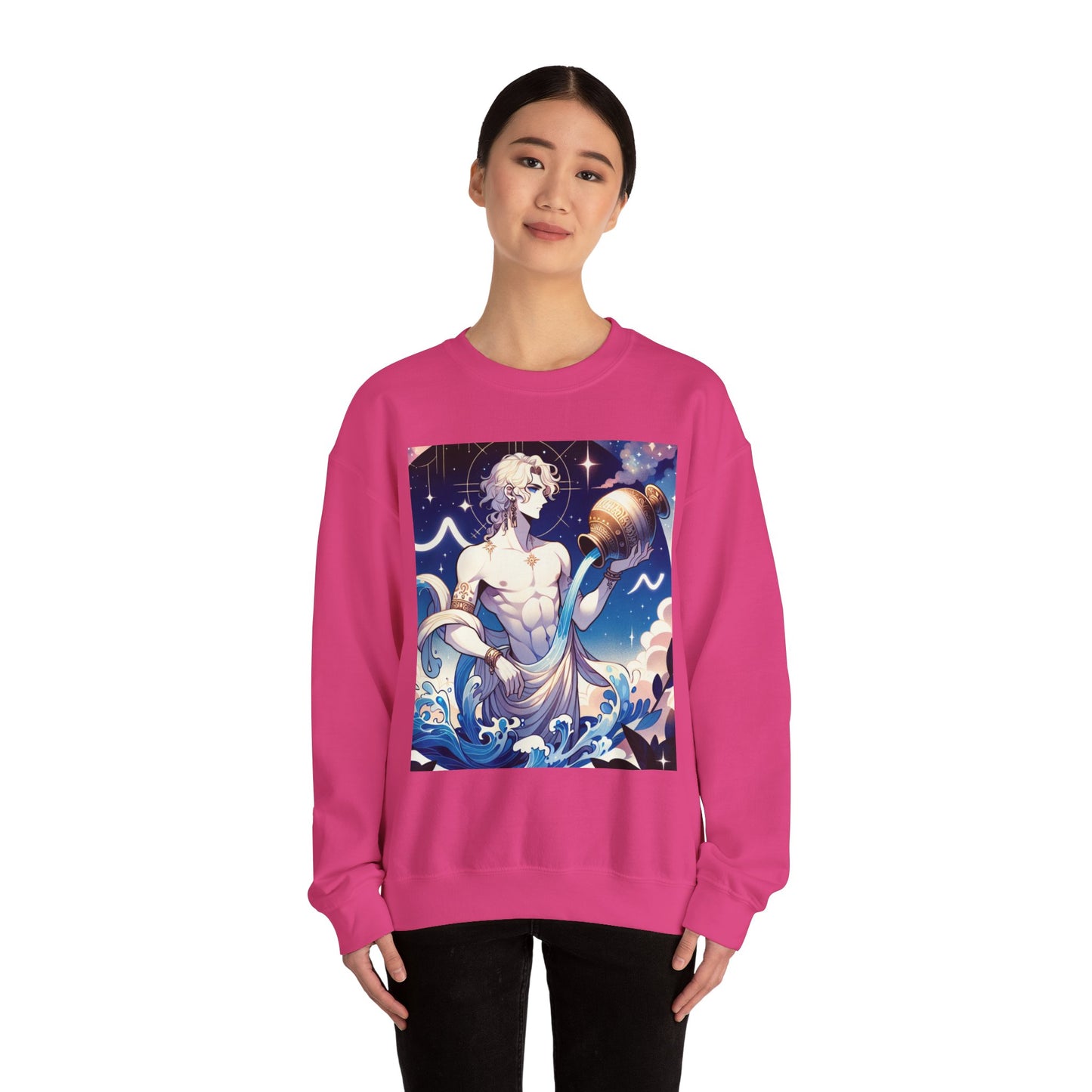 Unisex Heavy Blend™ Crewneck Sweatshirt, Anime Aqua God, Aquarius Zodiac Design