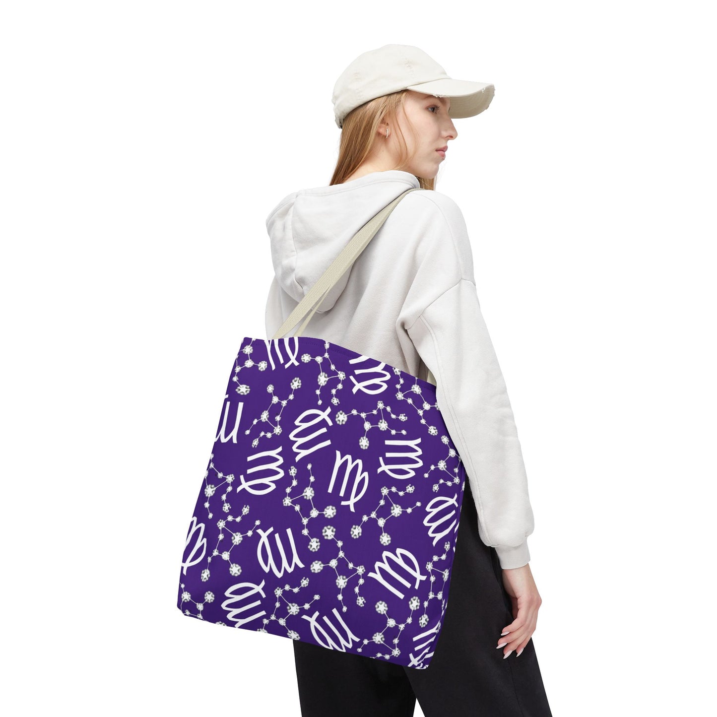 Tote Bag, Virgo Zodiac Sign, AOP, (Purple, White)