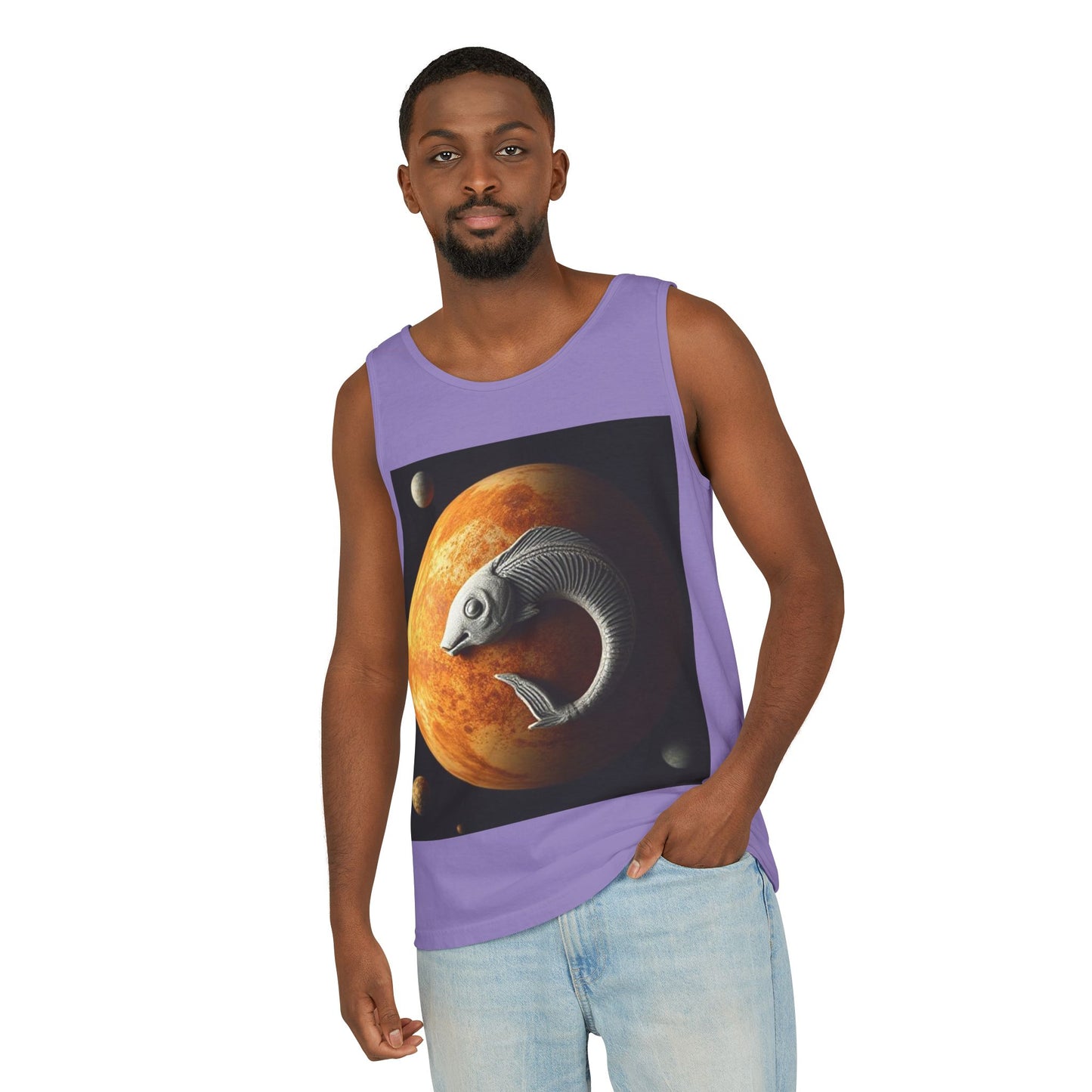 Unisex Garment-Dyed, Tank Top, Pisces Design, Space Animal, 100% US cotton