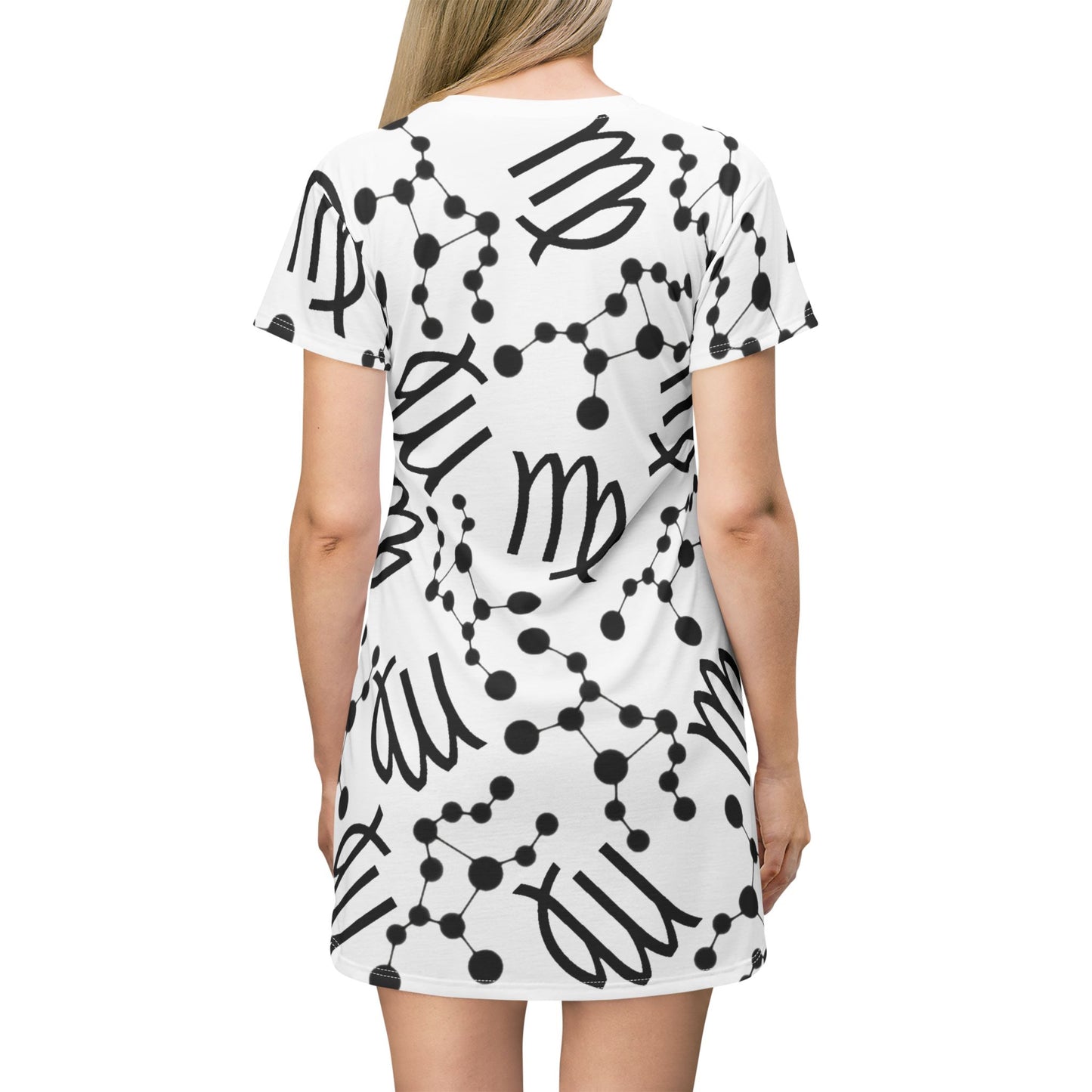 T-Shirt Dress (AOP), 100% Polyester, White thread color, Virgo Zodiac design