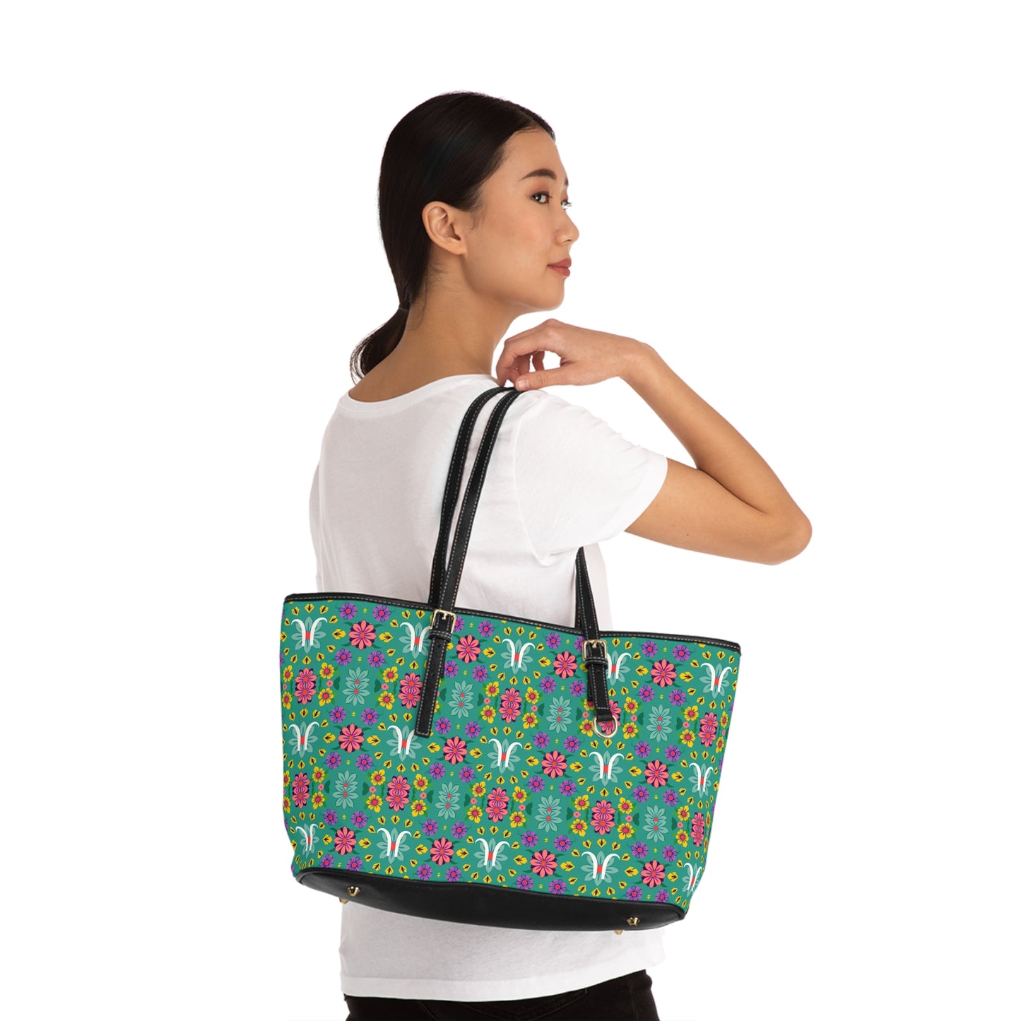 Leather Shoulder Bag, Aquarius, Zodiac v2, Flower Pattern