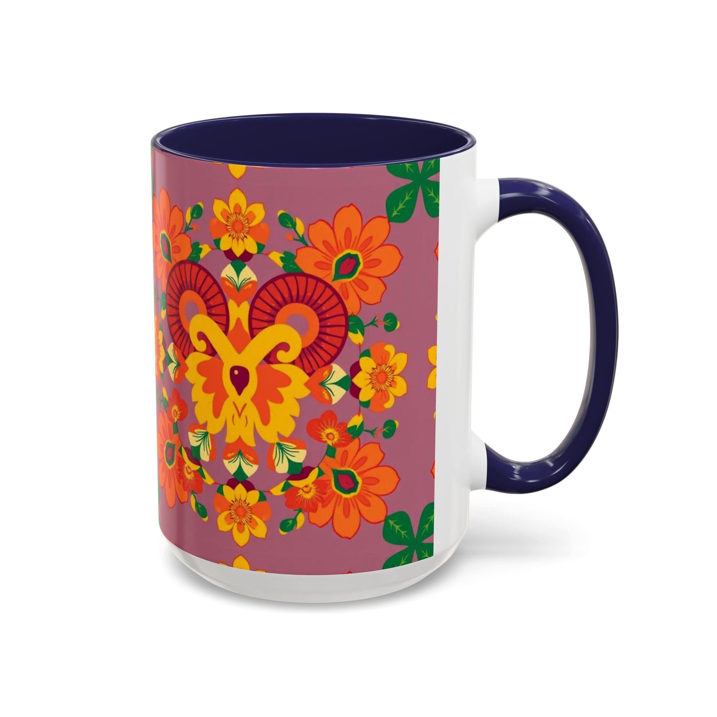 Accent Coffee Mug, Aries, Zodiac v1, Flower Pattern, (11, 15oz)