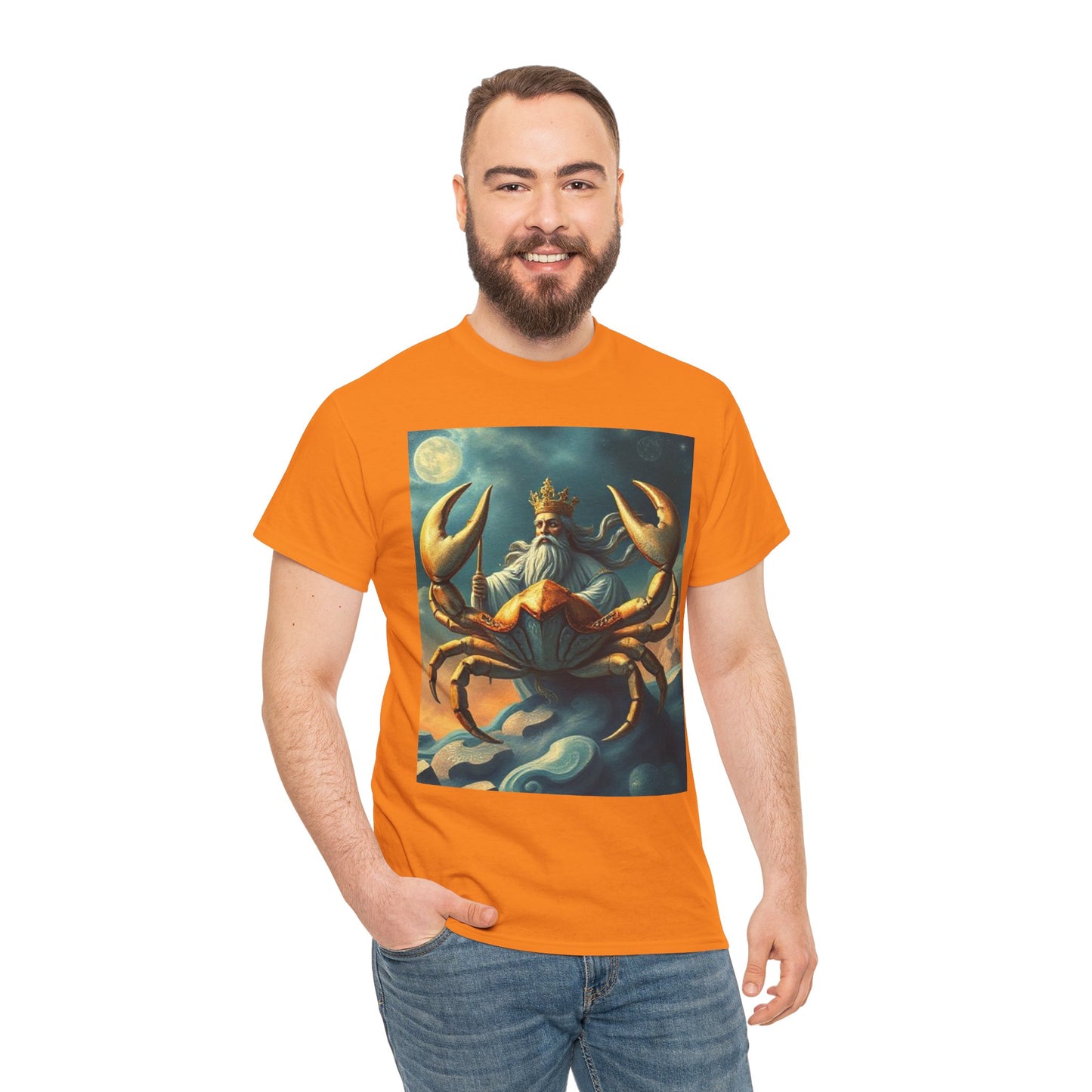 Unisex Heavy Cotton T-Shirt, Crustacean King v1, Cancer Zodiac Design