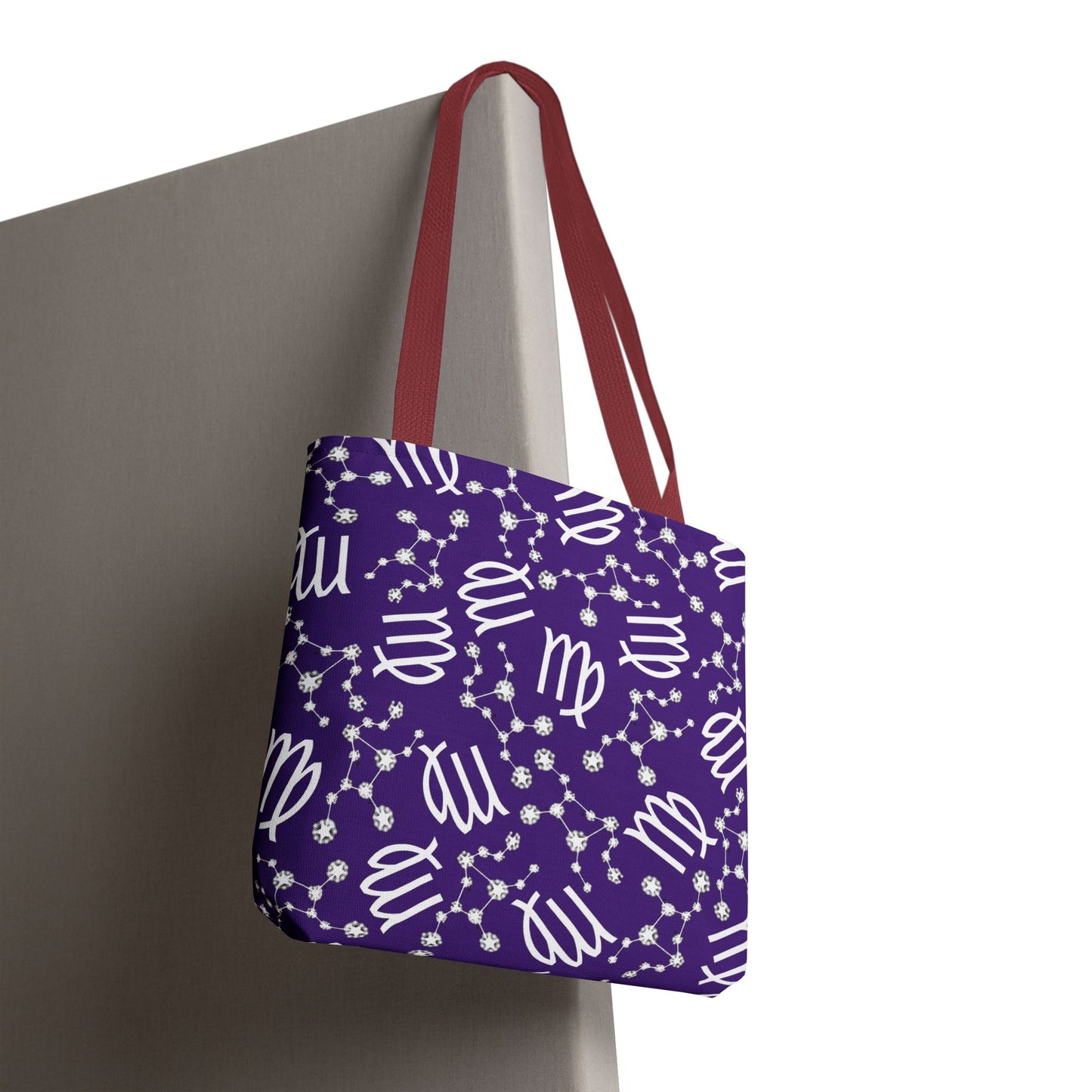 Tote Bag, Virgo Zodiac Sign, AOP, (Purple, White)