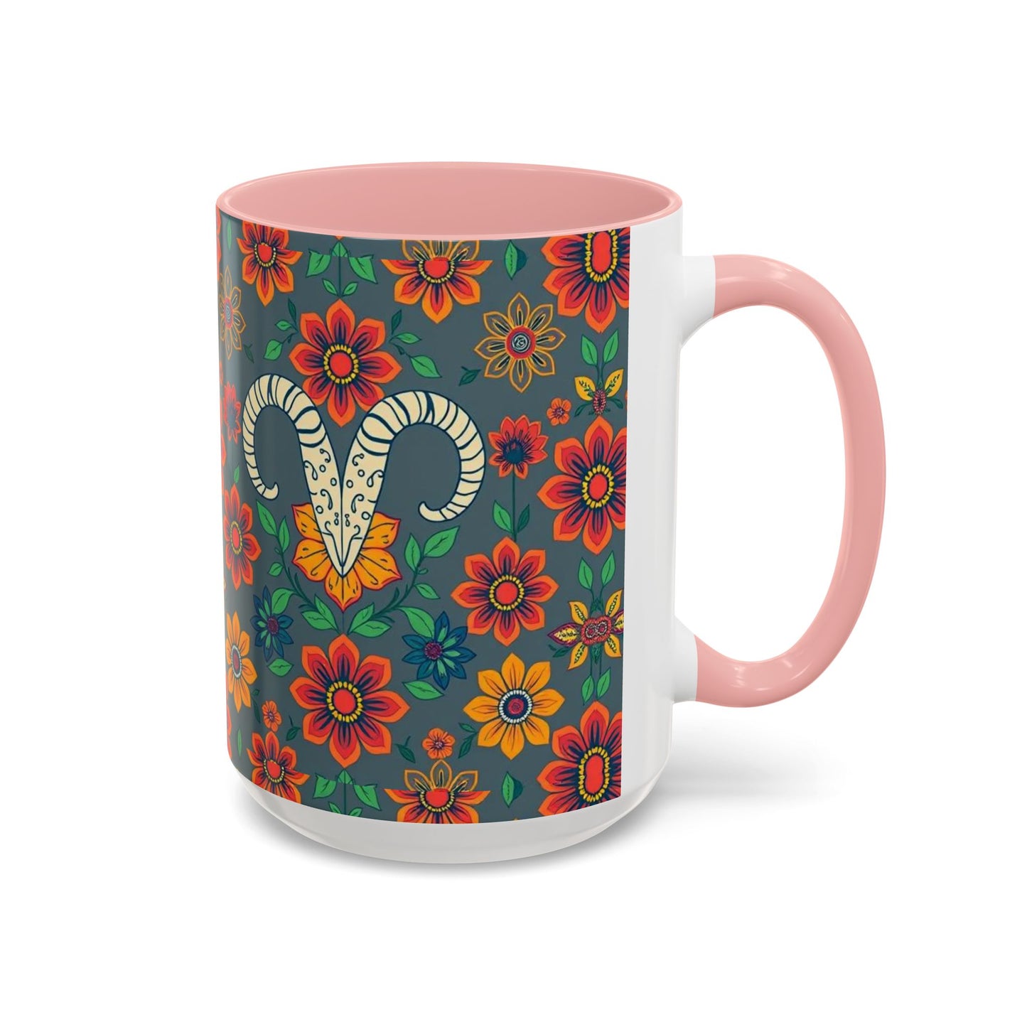 Accent Coffee Mug, Aries, Zodiac v4, Flower Pattern, (11, 15oz)