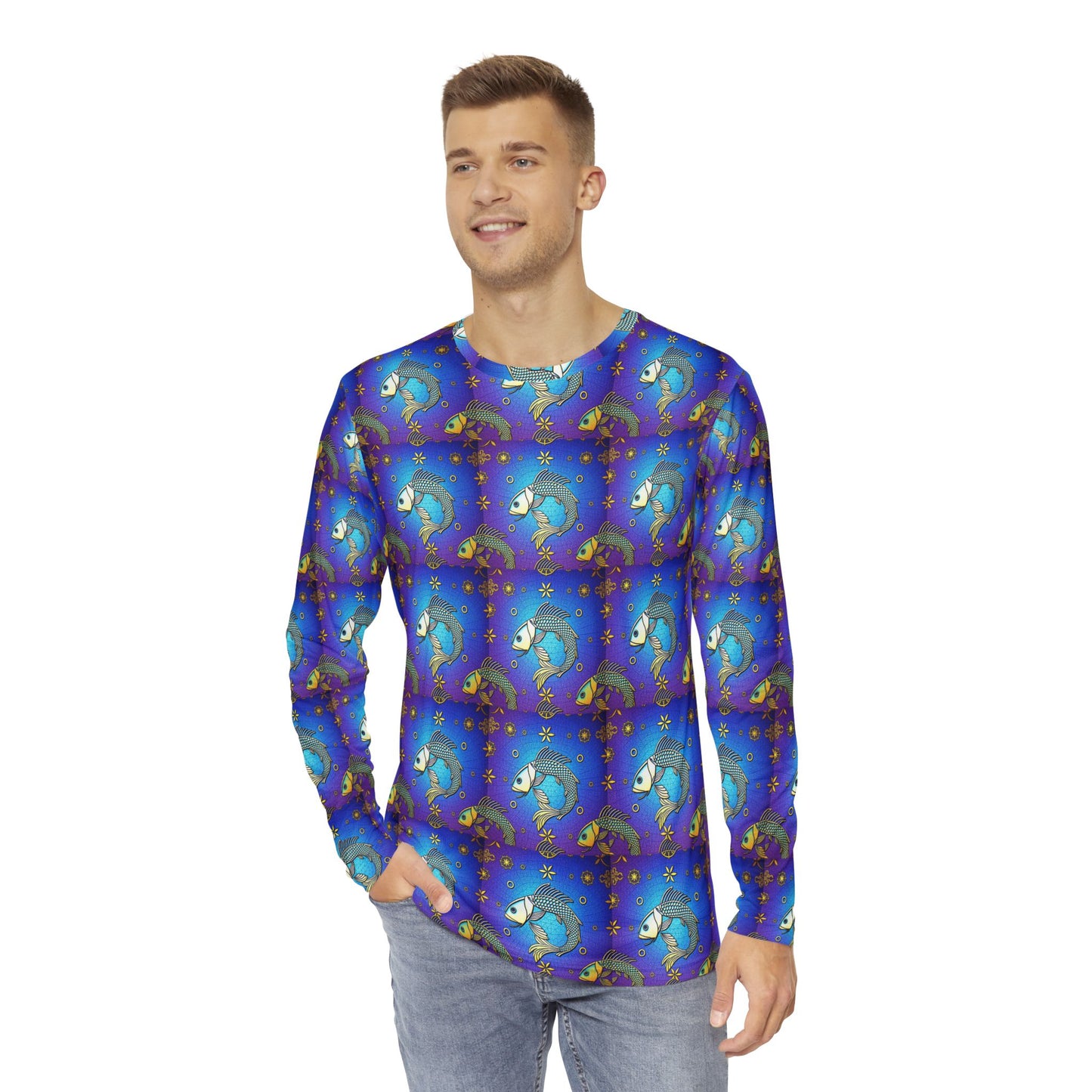 Men's Long Sleeve Shirt, (AOP), Pisces, Zodiac v2, Pattern