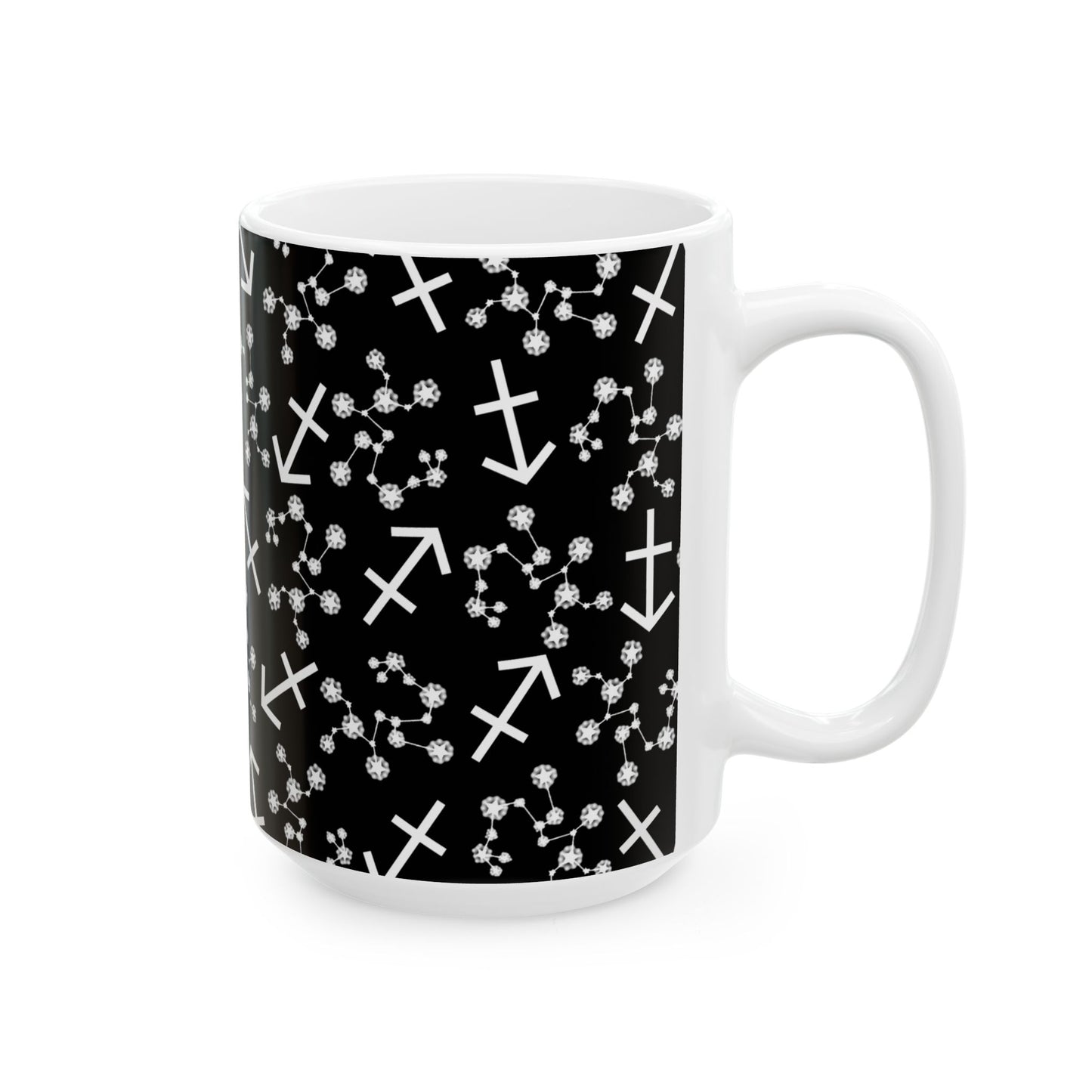 Ceramic Mug, (11oz, 15oz), Ceramic Coffee Mug, Black AOP, Sagittarius Zodiac Design