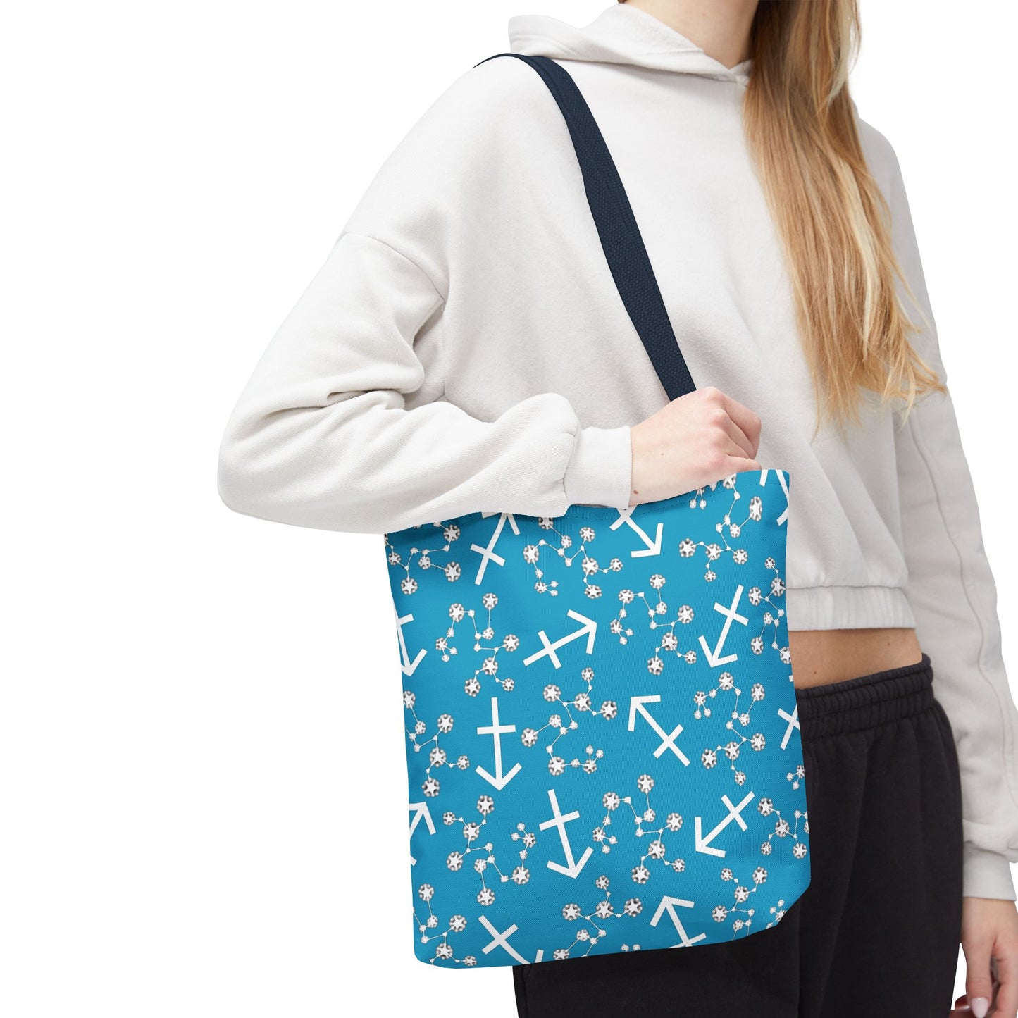 Tote Bag, Sagittarius Zodiac Sign, AOP, (Turquoise, White Print)