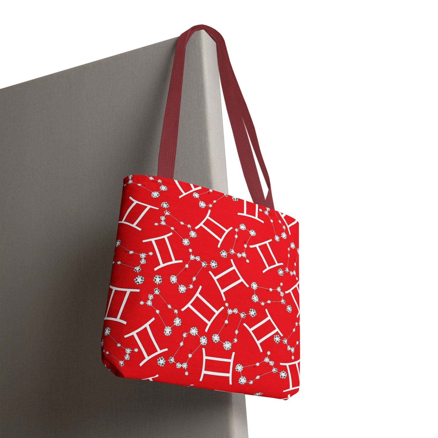 Tote Bag, Gemini Zodiac Sign, AOP, (Red, White Print)
