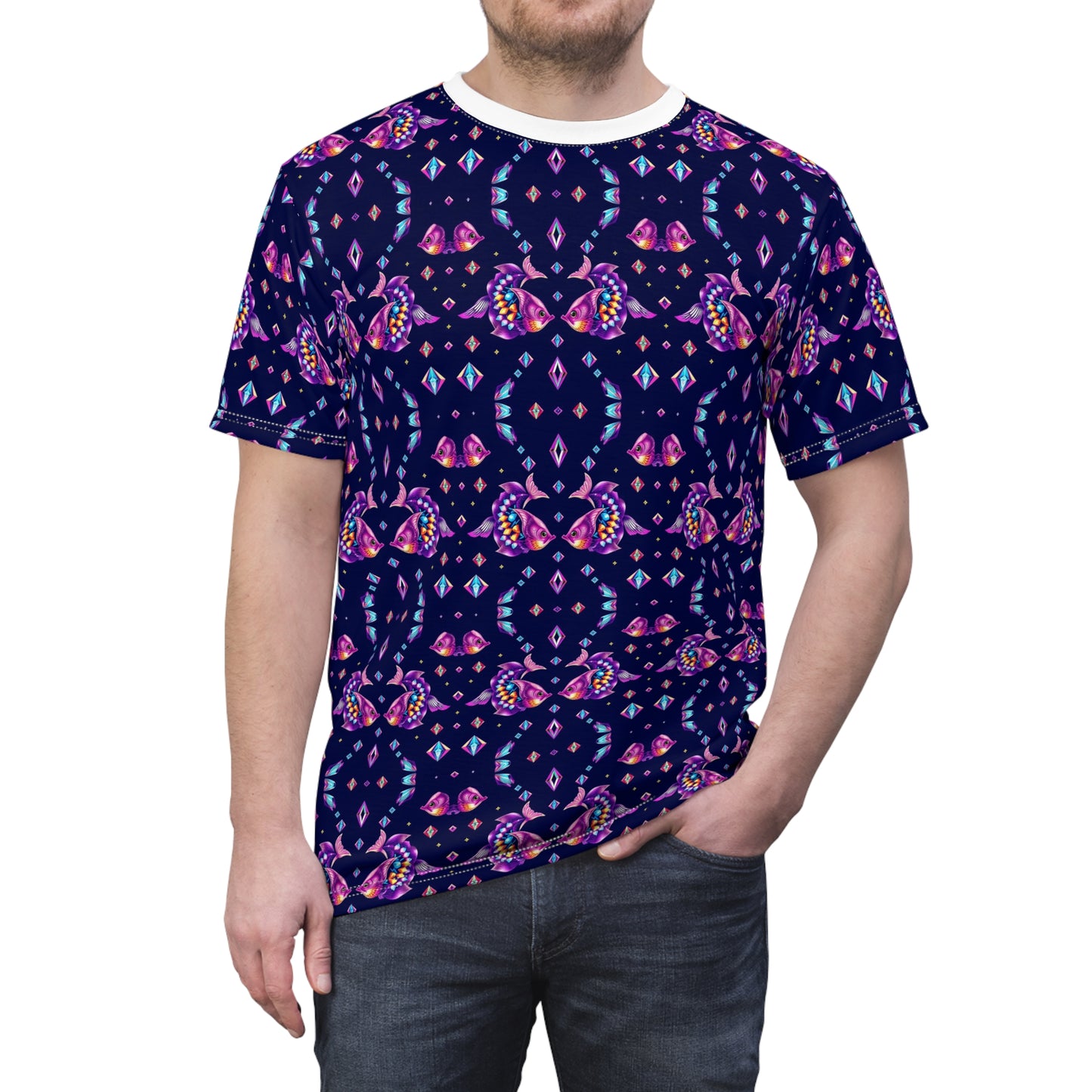 Unisex Cut & Sew T-Shirt, (AOP), Pisces, Zodiac v2, Jewels Pattern