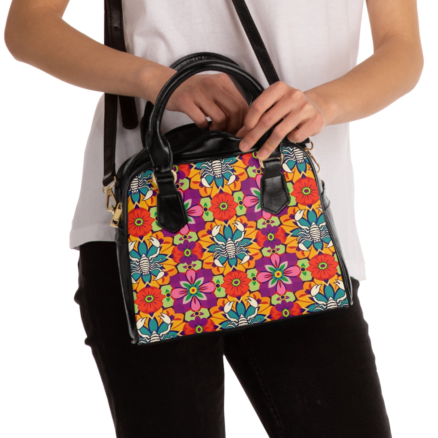 Shoulder Handbag, Scorpio, Zodiac v2, Flower Pattern