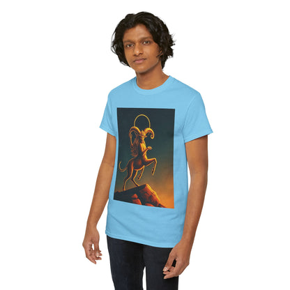 Unisex Heavy Cotton T-Shirt, Mountain Top 1v, Aries Zodiac Design
