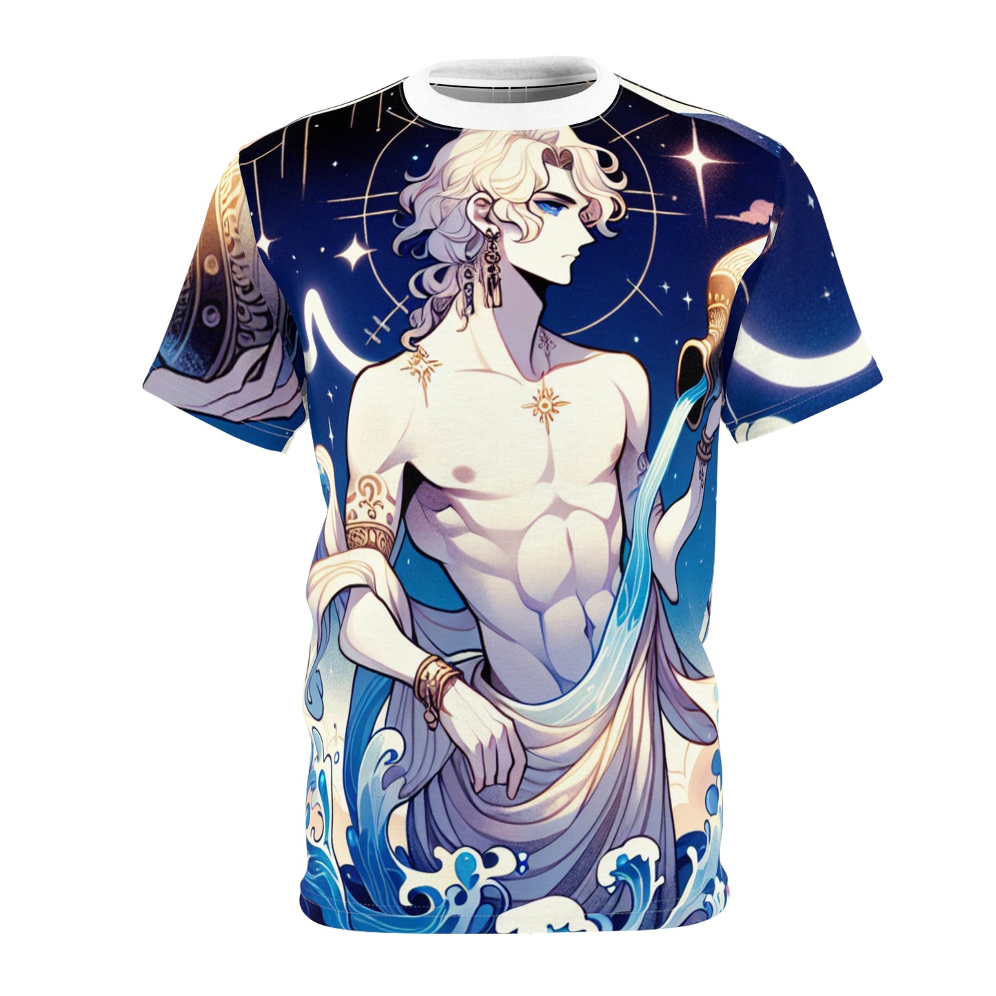Unisex Cut & Sew T-Shirt (AOP), Anime Character, Aquarius Zodiac Design, Regular fit, 100% Polyester