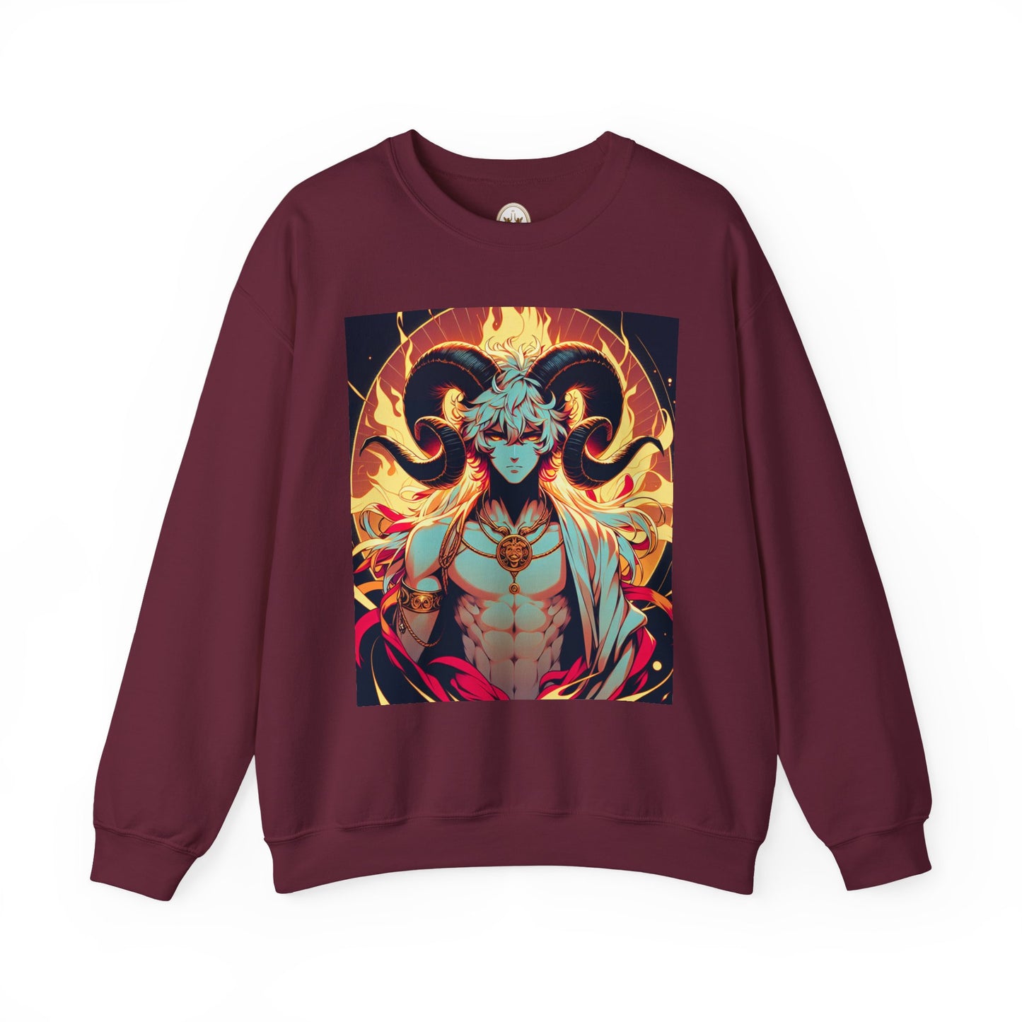 Unisex Heavy Blend™ Crewneck Sweatshirt, Anime Fire Aries, Zodiac Design