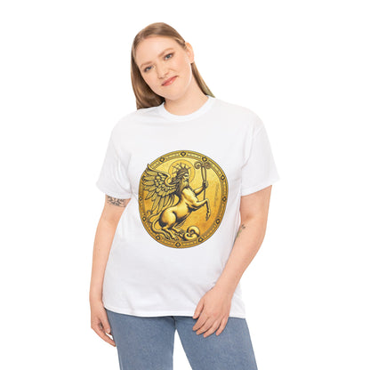 Unisex Heavy Cotton T-Shirt, Golden Angel Coin, Virgo Zodiac Design