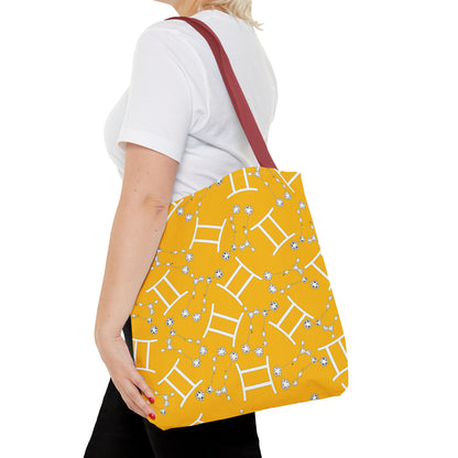 Tote Bag, Gemini Zodiac Sign, AOP, (Yellow, White Print)
