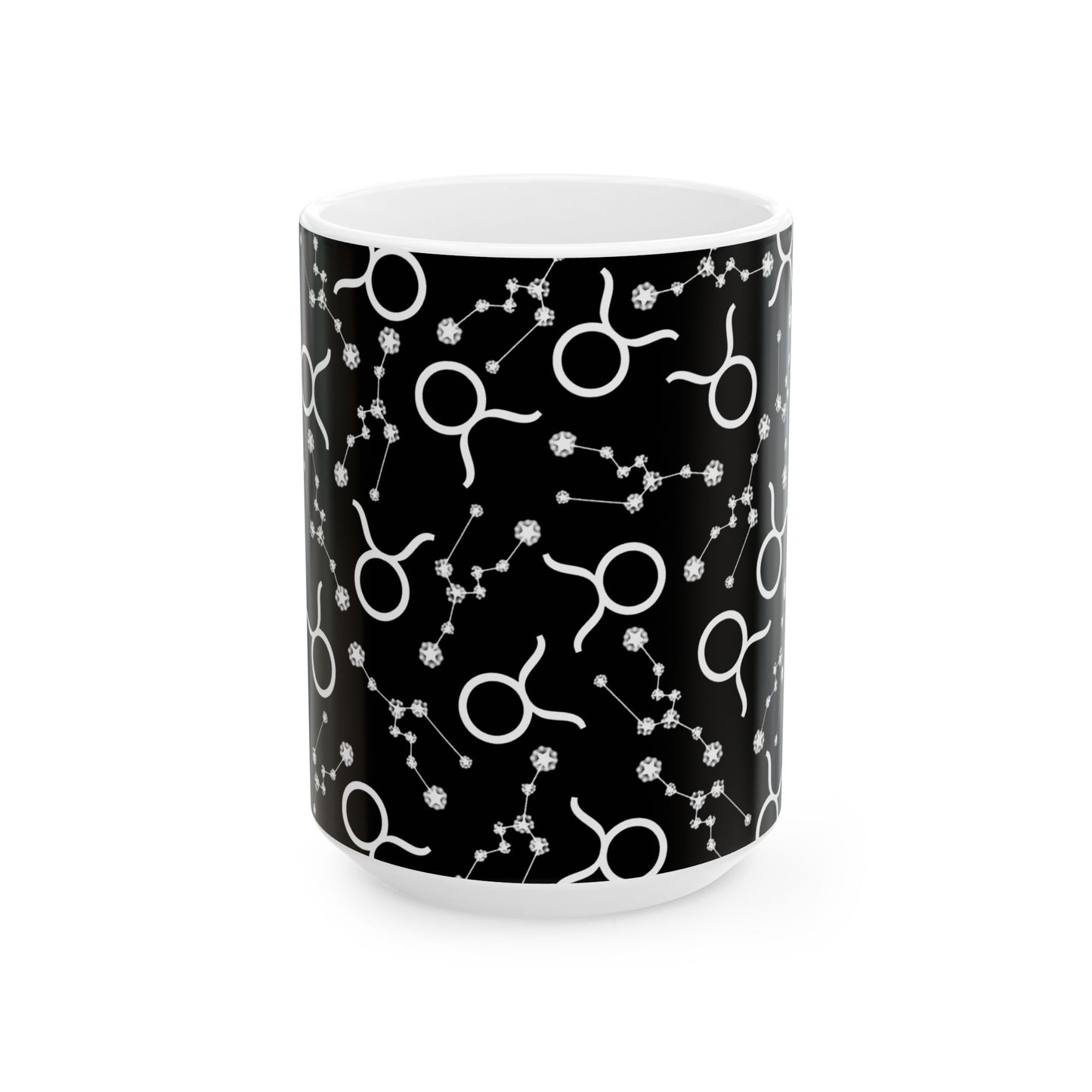 Ceramic Mug, (11oz, 15oz), Ceramic Coffee Mug, Black AOP, Taurus Zodiac Design