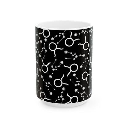 Ceramic Mug, (11oz, 15oz), Ceramic Coffee Mug, Black AOP, Taurus Zodiac Design