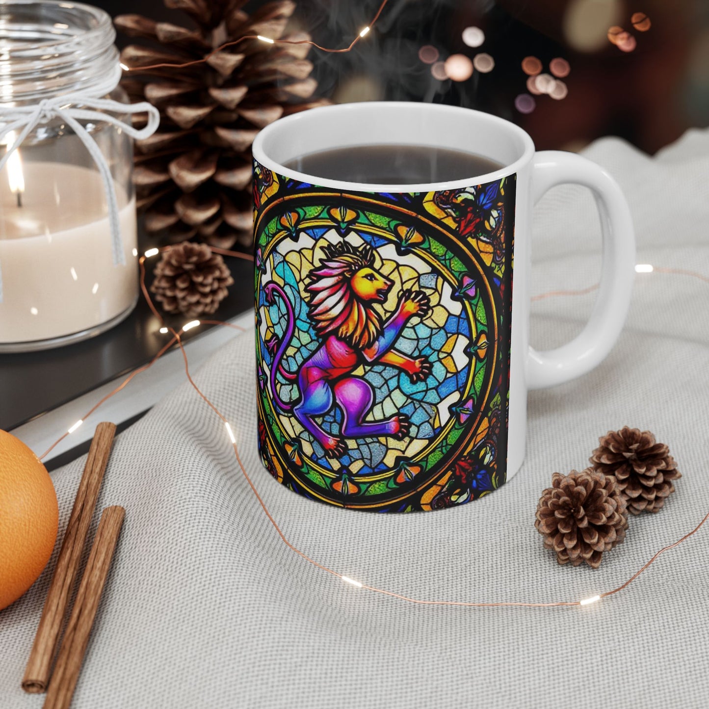 Ceramic Mug, (11oz, 15oz), Glass Design, AOP, Leo Zodiac Sign