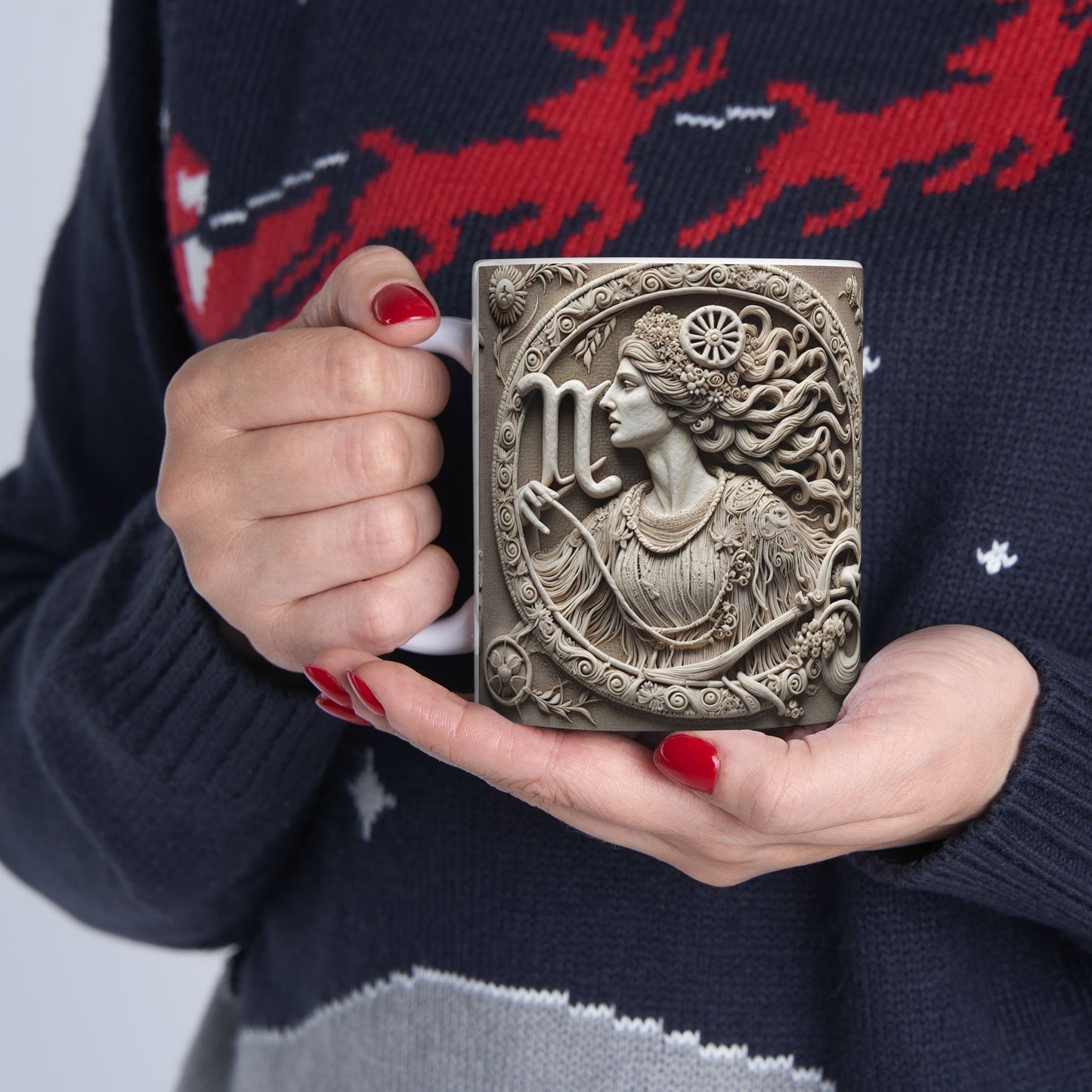 Ceramic Mug, (11oz, 15oz), Ceramic Coffee Mug, Woman Stone Carving, Virgo Zodiac Design