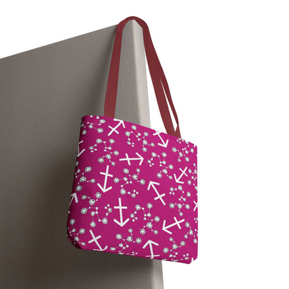 Tote Bag, Sagittarius Zodiac Sign, AOP, (Pink, White Print)
