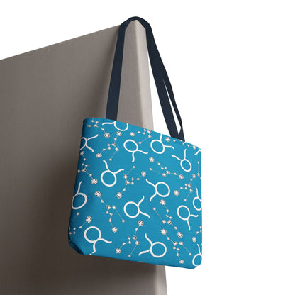Tote Bag, Taurus Zodiac Sign, AOP, (Turquoise, White)