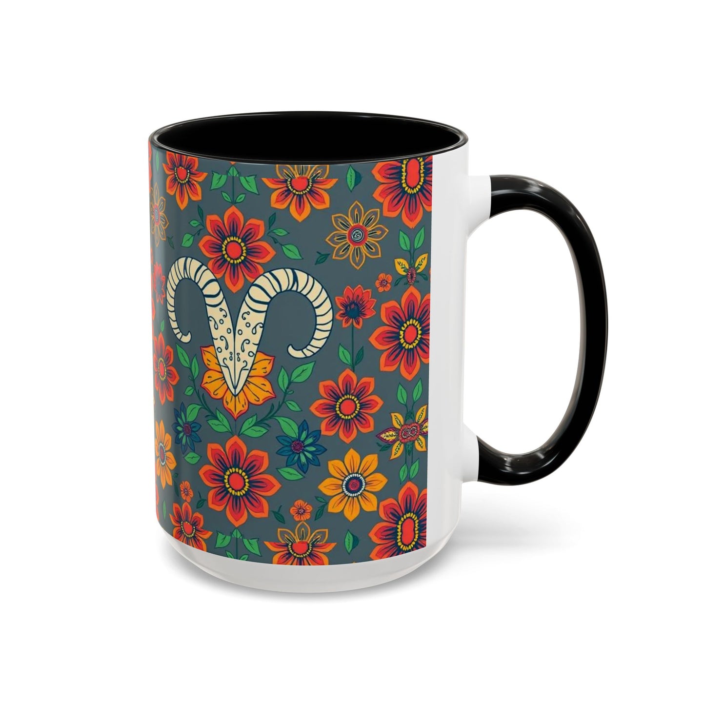 Accent Coffee Mug, Aries, Zodiac v4, Flower Pattern, (11, 15oz)