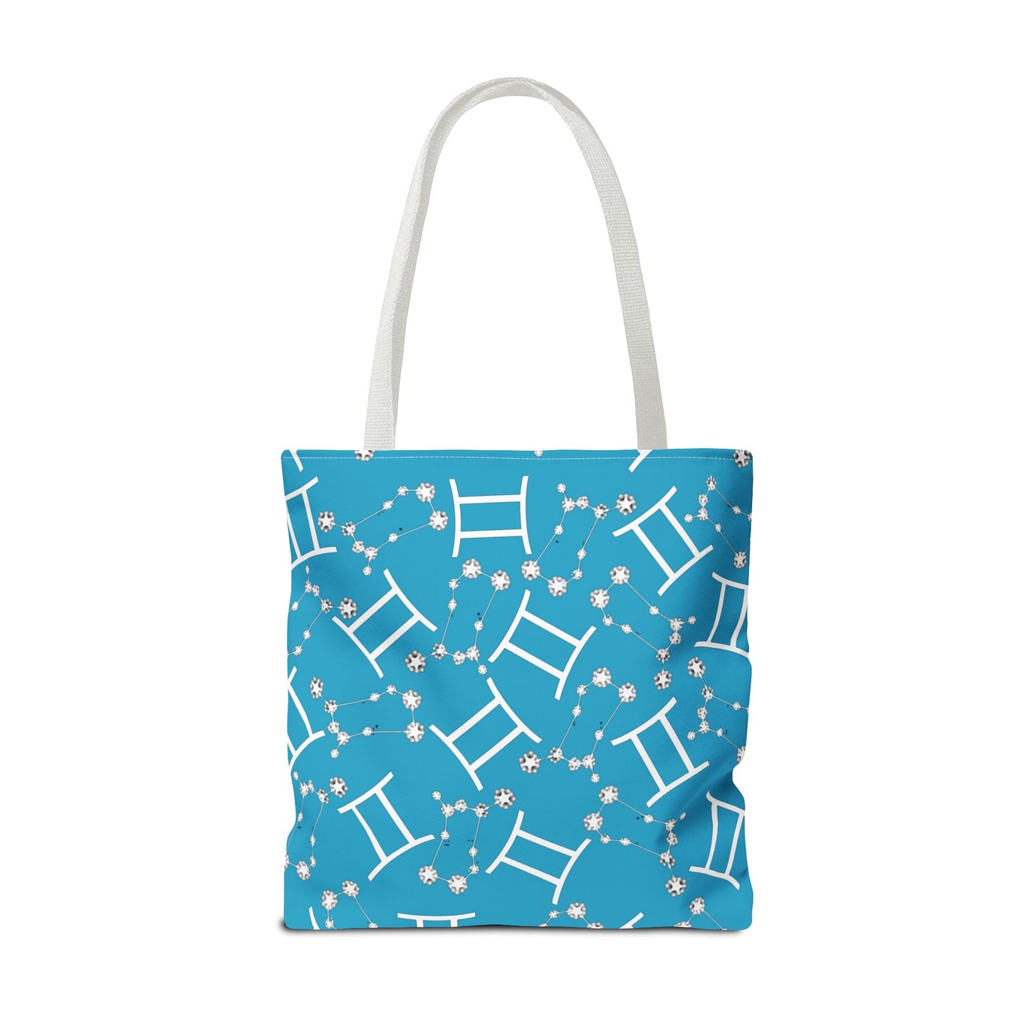 Tote Bag, Gemini Zodiac Sign, AOP, (Turquoise, White Print)
