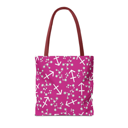 Tote Bag, Sagittarius Zodiac Sign, AOP, (Pink, White Print)