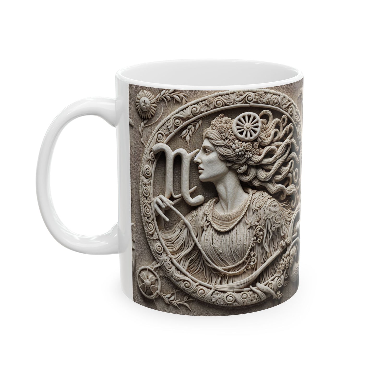 Ceramic Mug, (11oz, 15oz), Ceramic Coffee Mug, Woman Stone Carving, Virgo Zodiac Design