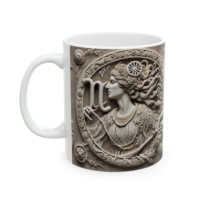 Ceramic Mug, (11oz, 15oz), Ceramic Coffee Mug, Woman Stone Carving, Virgo Zodiac Design