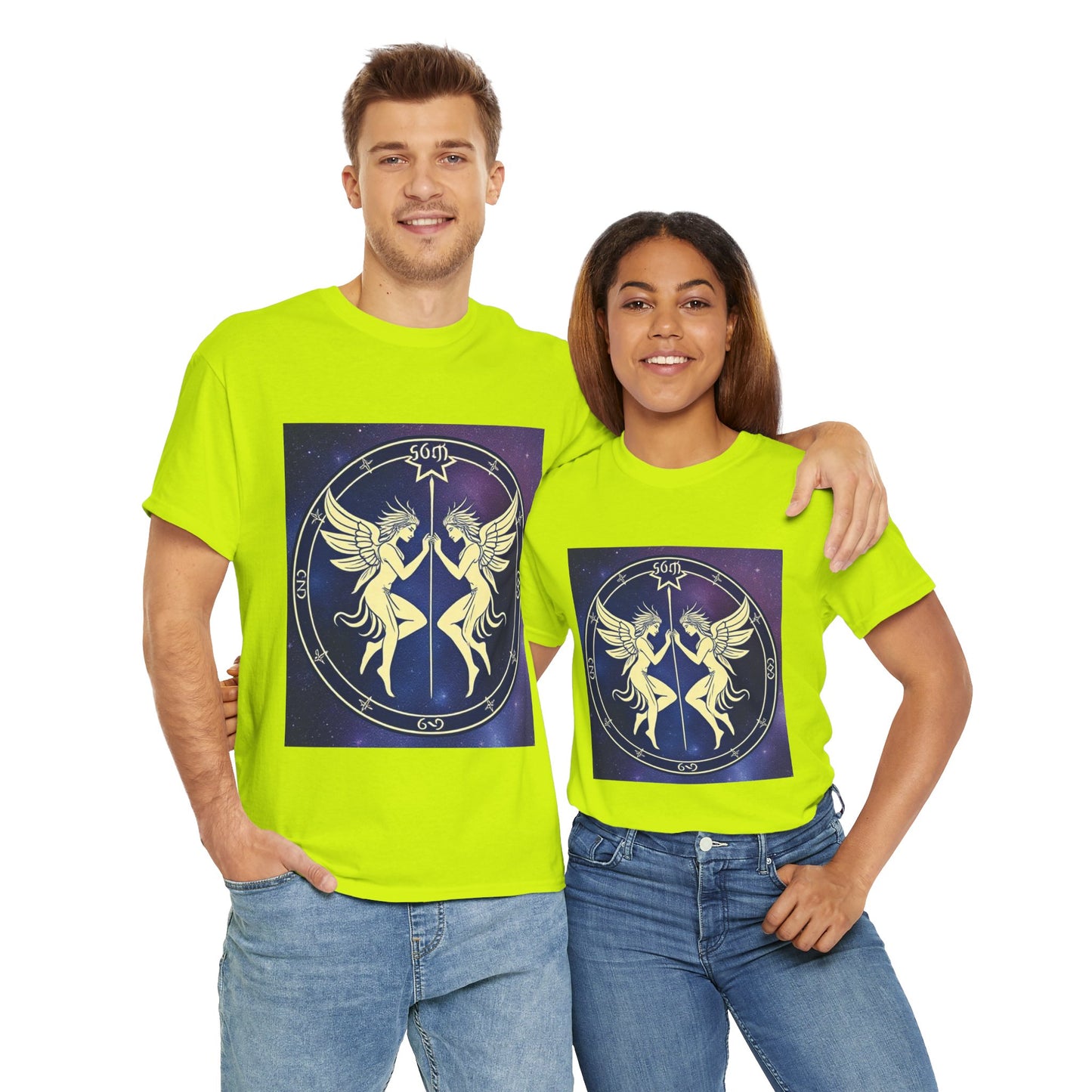 Unisex Heavy Cotton T-Shirt, Space Angel Twins, Gemini Zodiac Design
