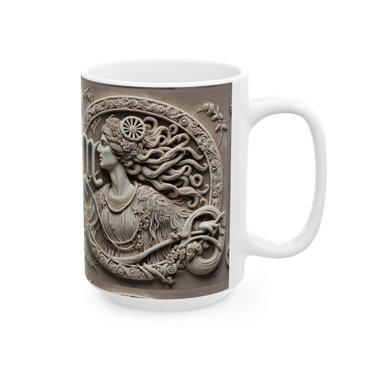 Ceramic Mug, (11oz, 15oz), Ceramic Coffee Mug, Woman Stone Carving, Virgo Zodiac Design