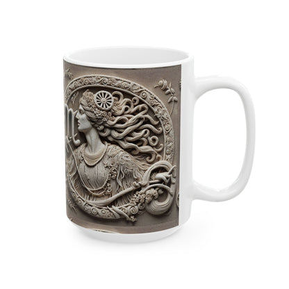 Ceramic Mug, (11oz, 15oz), Ceramic Coffee Mug, Woman Stone Carving, Virgo Zodiac Design