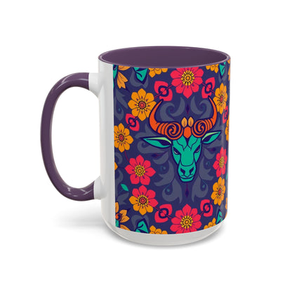 Accent Coffee Mug, Taurus, Zodiac. Flower Pattern, (11, 15oz)