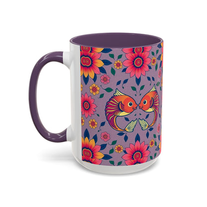 Accent Coffee Mug, Pisces, Zodiac v2, Flower Pattern, (11, 15oz)