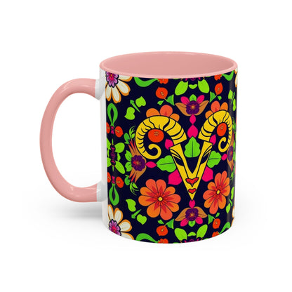 Accent Coffee Mug, Aries, Zodiac v2, Flower Pattern, (11, 15oz)