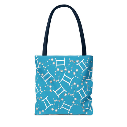 Tote Bag, Gemini Zodiac Sign, AOP, (Turquoise, White Print)