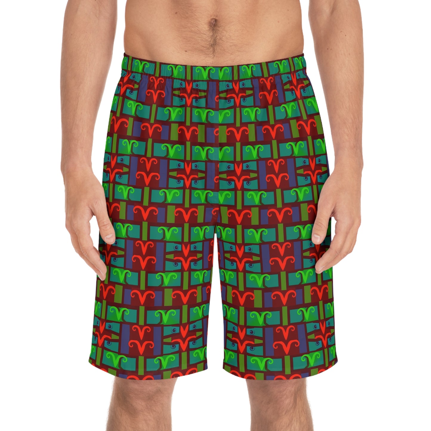 Men's Board Shorts, (AOP), Aries, Zodiac v2, Shape Pattern