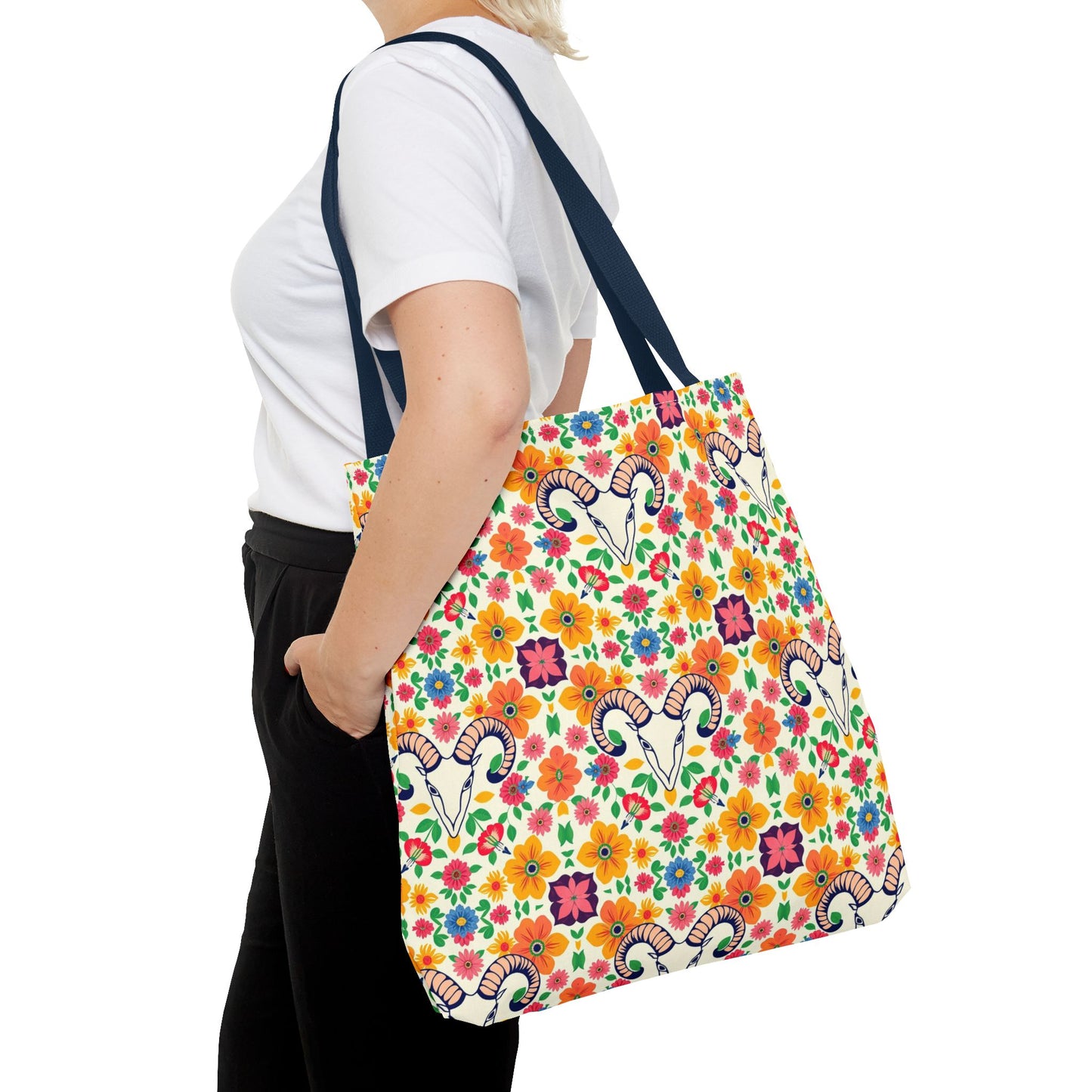 Tote Bag, (AOP), Aries, Zodiac v2, Flower Pattern
