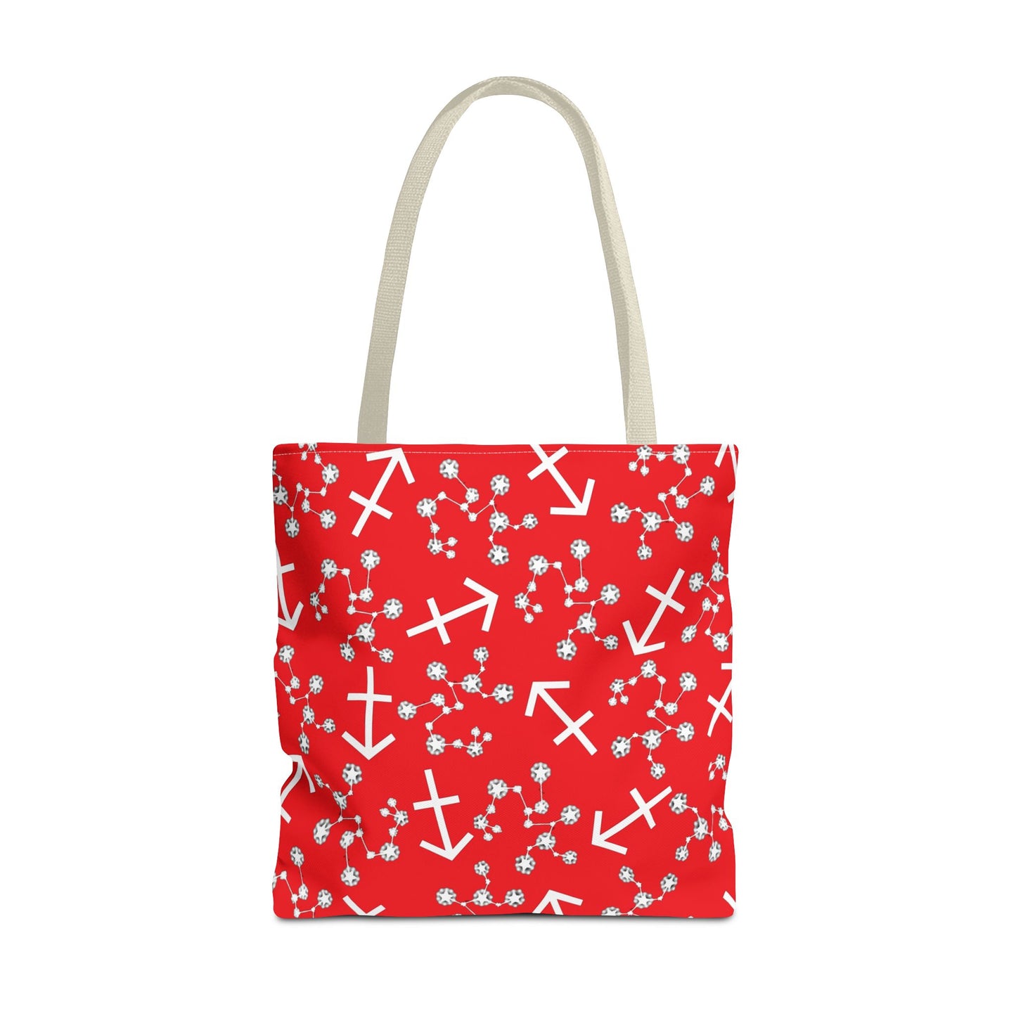 Tote Bag, Sagittarius Zodiac Sign, AOP, (Red, White Print)
