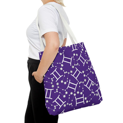 Tote Bag, Gemini Zodiac Sign, AOP, (Purple, White Print)
