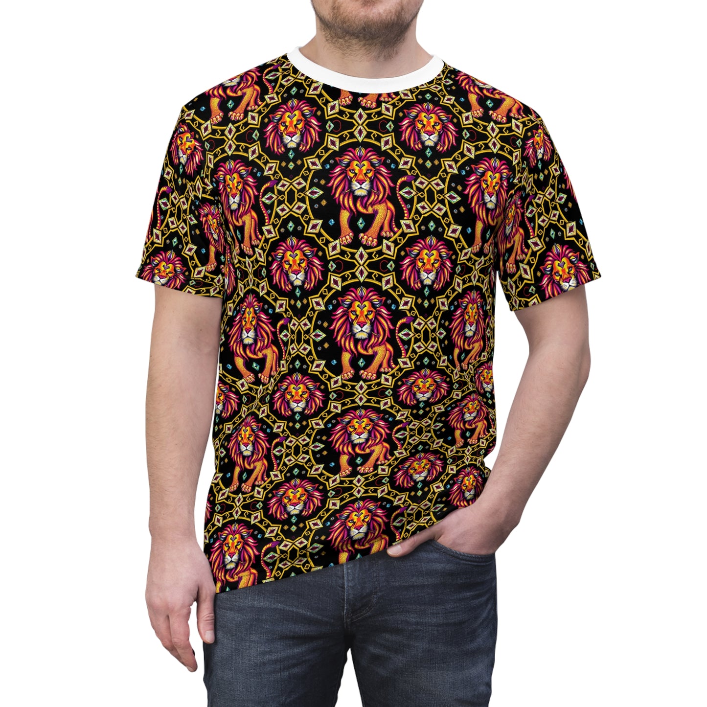 Unisex Cut & Sew T-Shirt, (AOP), Leo, Zodiac v2, Jewels Pattern