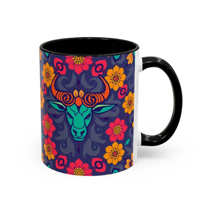 Accent Coffee Mug, Taurus, Zodiac. Flower Pattern, (11, 15oz)