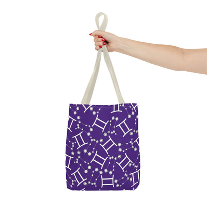 Tote Bag, Gemini Zodiac Sign, AOP, (Purple, White Print)